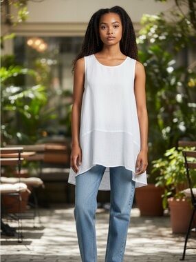 White Layered Sleeveless Tank Top by Grand S Linen Vacation Summer Breezy